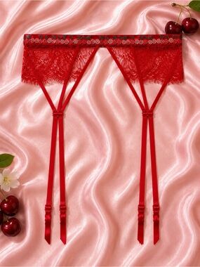Victoria’s Secret Red Lace Rhinestone Cherry Garter Belt M/L Adjustable Straps